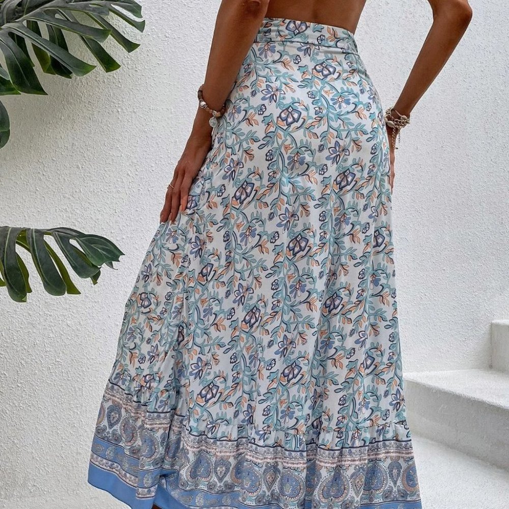 Blue Boho Floral Print Ruffle Trim Wrap Knot Side Skirt - Picture 2 of 5
